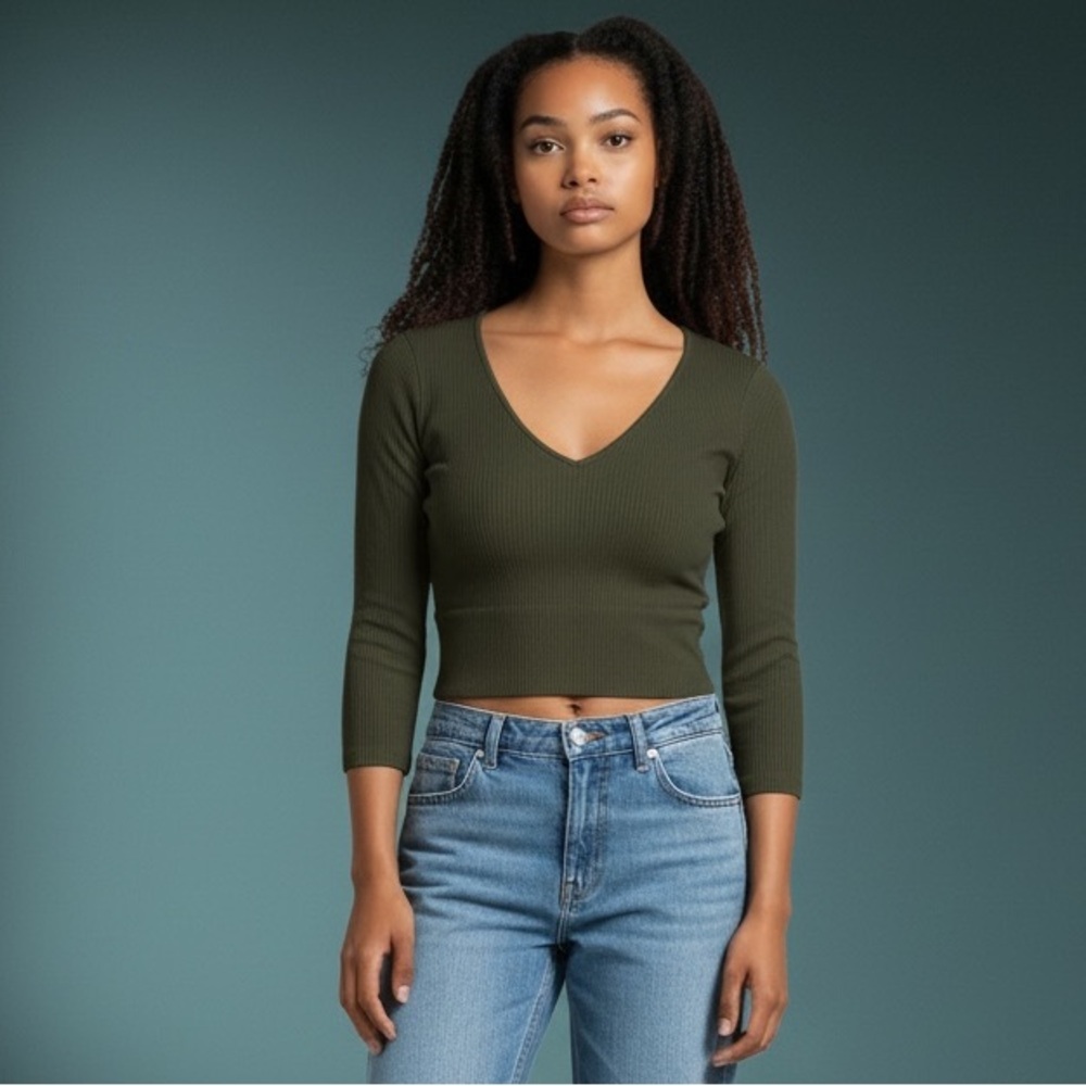Olive V-Neck Ribbed, Long Sleeved Crop Top, one size
